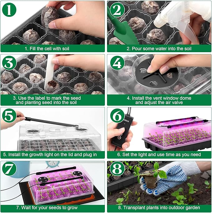 Hahood 2 Set Seed Starter Kit 40-Cell Seed Starter Tray with Grow Light Full Spectrum Seedling Heat Mat 40 Peat Pellets Seed Starting Soil Plant Label Garden Tool for Germination Seeds Growing, Black