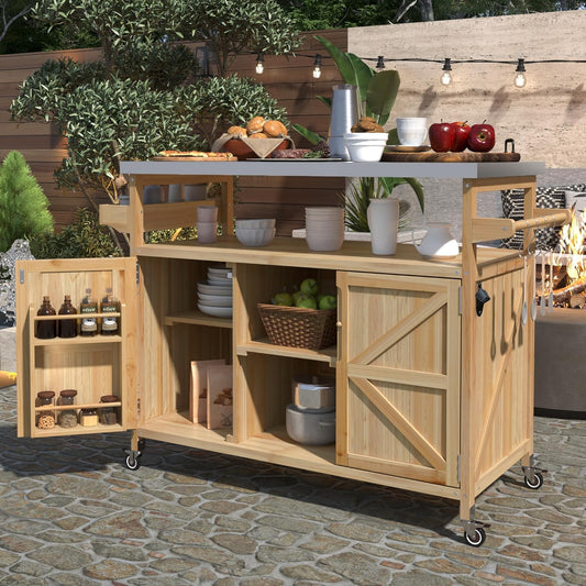 Outdoor Grill Carts for Patio Graden BBQ with Storage Cabinet, Home Rolling Kitchen Island Bar Cart with Stainless Steel Top, Food Prep Table with Shelves, Spice Rack & Towel Holder (Natural)