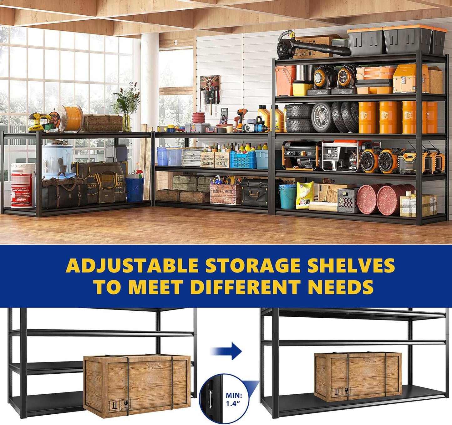 REIBII Garage Shelving 48.2" W Storage Shelves 3000LBS Heavy Duty Shelving Adjustable Metal Shelf Industrial 5 Tier Pantry Shelves for Basement Warehouse Supermarket 72.2"H x 24.2"D x 48.2"W, 2 Pack
